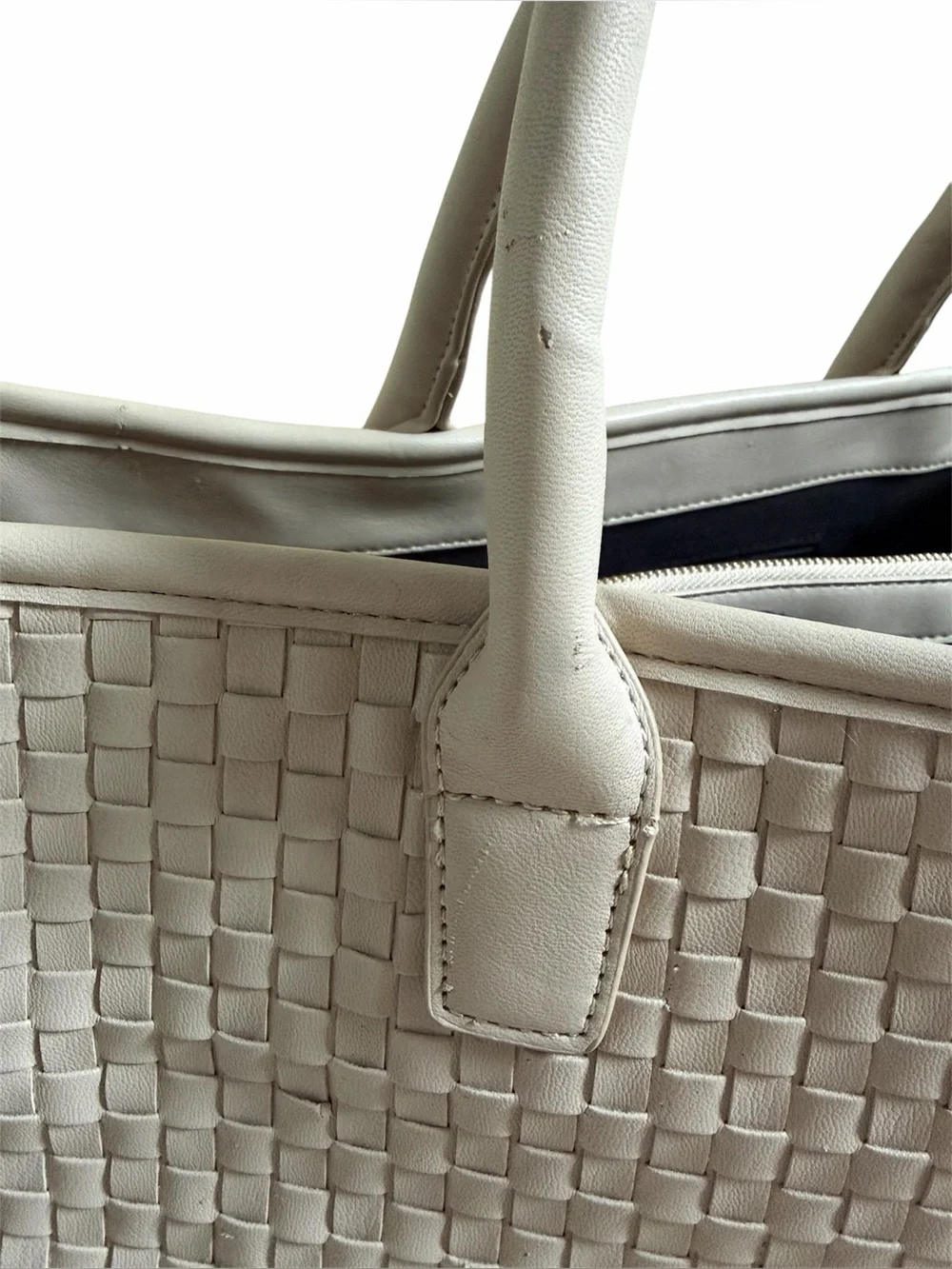 Lulu Dharma Cream Vegan Faux Leather Woven Texture Large Tote Shoulder Bag